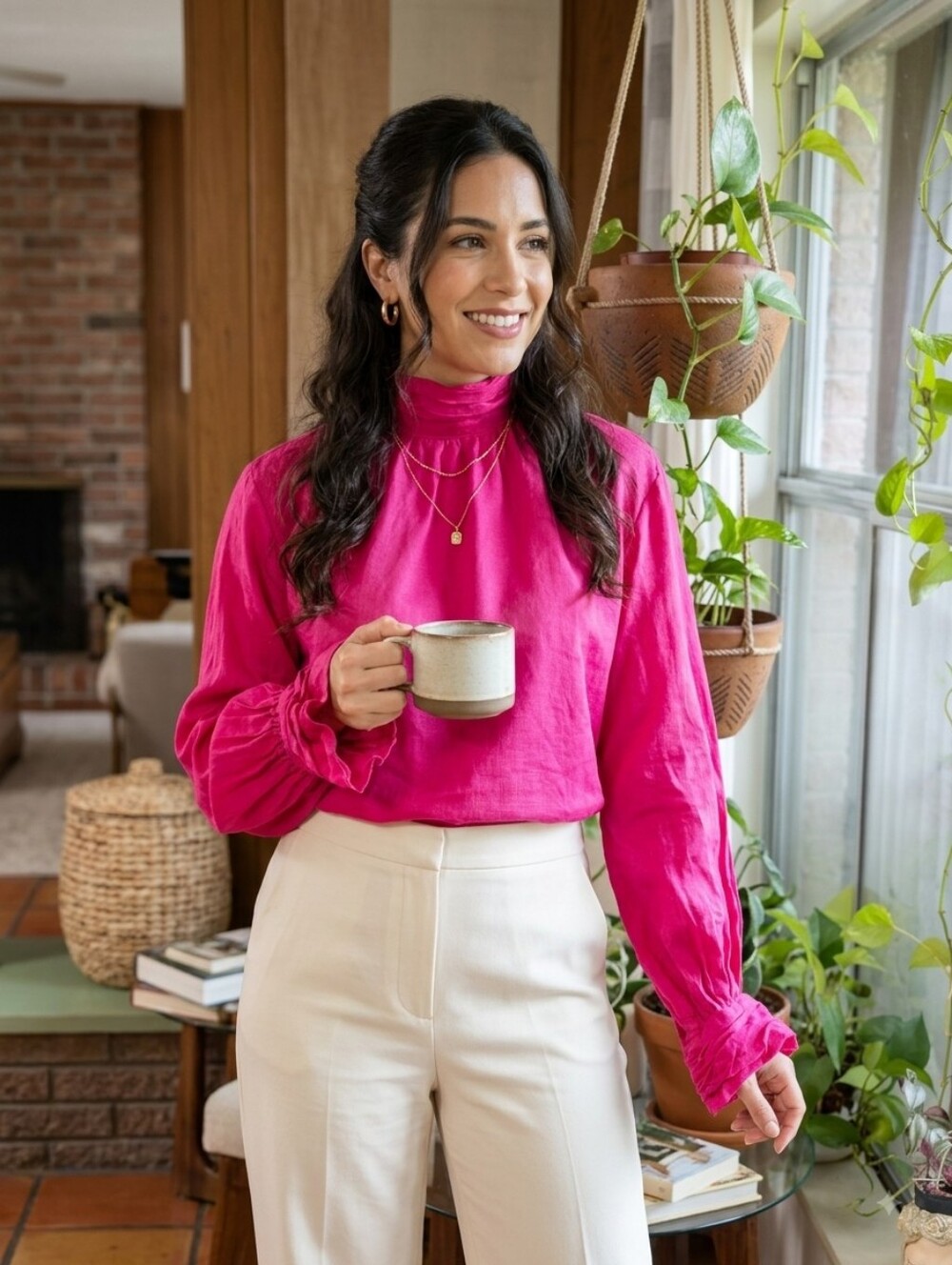 A Loves A bright pink Long Sleeve Blouse.